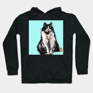 Tuxedo Cat Cute Drawing - on Turquoise Hoodie